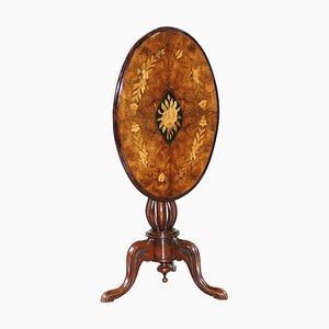 Table d'Appoint Ovale Victorienne en Noyer et Marqueterie