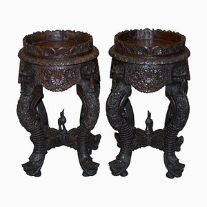 Burmese Carved Wood Plant Pedestals with Lions, 1920s, Set of 2