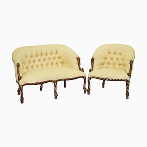 Butaca y sofá estilo Napoleon III de cuerda trenzada. Juego de 2
