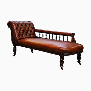 Victorian Cigar Brown Leather Chesterfield Chaise Longue or Daybed
