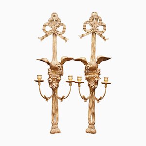 Regency or Empire Twin Candleholder Sconces in Giltwood with Carved Eagles, Set of 2