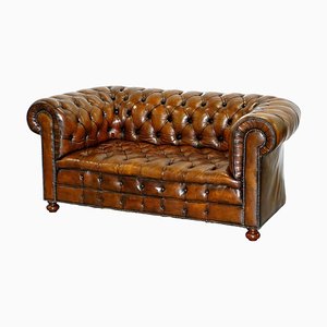 Chesterfield Buttoned Hand Dyed Brown Leather Sofa, 1900s