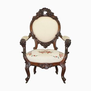 Victorian Show Frame Lion Carved Walnut Salon Armchair with Embroidered Upholstery