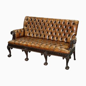 19th Century Hand-Carved Hawk Claw and Ball Feet Chesterfield Sofa in Brown Leather