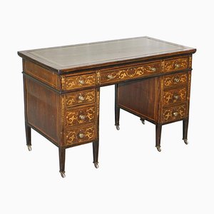 Victorian Hardwood Marquetry Inlaid Writing Partner Desk in Green Leather