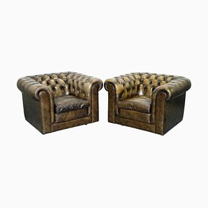 Vintage Leather Chesterfield Club Armchairs with Feather Cushions