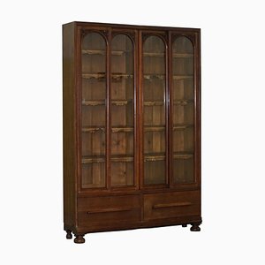 Large Victorian English Solid Oak Bookcase with Sliding Glass Door