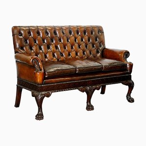 Victorian Georgian Irish Brown Leather Chesterfield Sofa with Lion Hairy Paw Feet