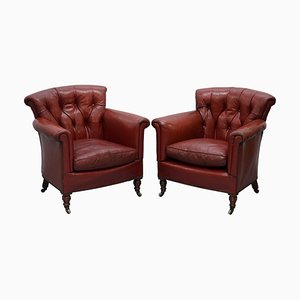 Set of Victorian Blood Red Leather Rod Stewart Essex Home Armchairs