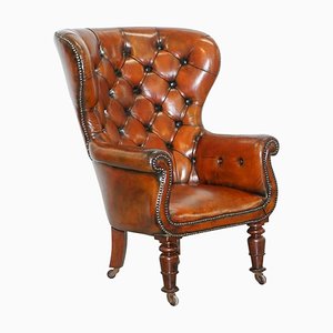 Regency Chesterfield Brown Leather Porters Armchair in the Style of Gillows