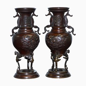 Oriental Bronze Urns Vases with Bird Serpentine Decorations, Set of 2