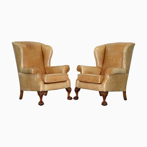 Fauteuils Victoriens en Noyer et Cuir Marron avec Pieds Griffes, Set de 2