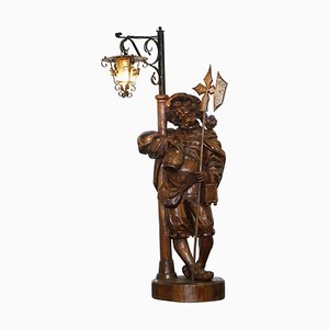 Black Forest Hand-Carved Wood Watchman Lamp, 1920s