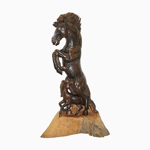 Grande Sculpture Sculptée à la Main de Cheval et Poulain