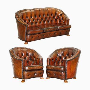 Canapé Chesterfield en Cuir Marron avec Pieds Poilu, Set de 3