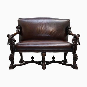 Baroque Venetian Carved Walnut Settee Sofa Bench in Brown Leather from Valentino Besarel