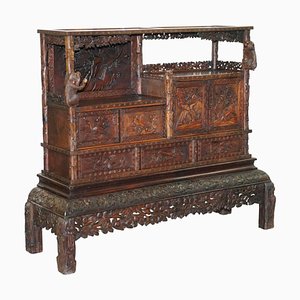 Antique Chinese Hand-Carved Cabinet with Monkeys & Drawers