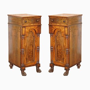 Large William IV Flamed Hardwood Side Cabinets with Campaign Drawers, 1830s, Set of 2