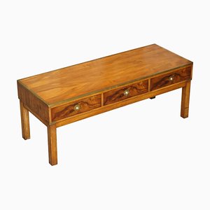 Burr Walnut & Brass Military Campaign 3-Drawer Coffee Table