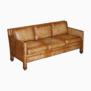 Edwardian Style Hand-Dyed Brown Leather Studded 3-Seat Sofa