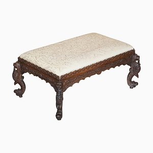 Antique Anglo-Indian Burmese Victorian Carved Footstool Ottoman, 1880s