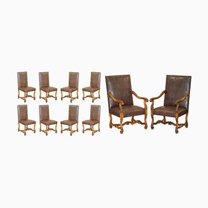 Carolean Dining Chairs with Crocodile Alligator Patina Leather Ten, Set of 10