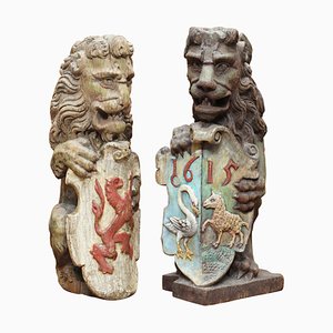 Garde-corps Lion Héraldique Peint en Polychrome, Angleterre, Set de 2