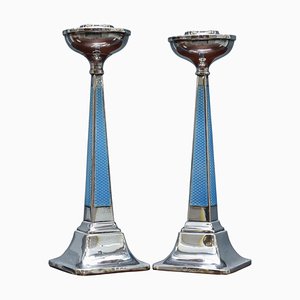 Sterling Silver & Guilloche Enamel Candlesticks by Charles Green & Co, 1927, Set of 2