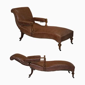Victorian Brown Leather Recliner Chaise Lounge, 1860s