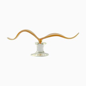 Murano Bird Sculpture in Orange and Clear Mouth Blown Art Glass