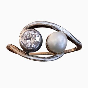Antiker Ring aus 18 Karat Gold und Silber mit Perle und Diamant, Frühe 1900er Jahre