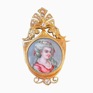 French Miniature Portrait Brooch in Gold, Late 1700s