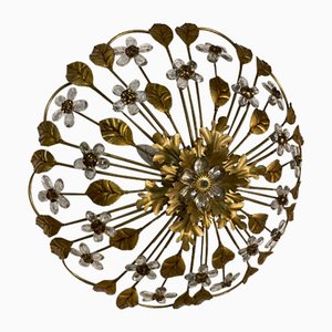 Plafón italiano grande dorado con flores de cristal, años 60