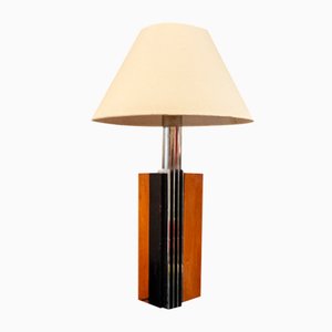 Lámpara de mesa de madera y acero, años 70