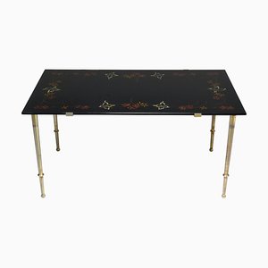 French Floral Hand-Painted Glass Coffee Table, 1970s