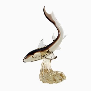Large Vintage Brown and Amber Murano Glass Shark on Wave-Shaped Base from Seguso, Italy
