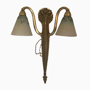 Early French Art Déco Twin Sconces by Paul Follot with Shades from Verrerie Schneider, Set of 2