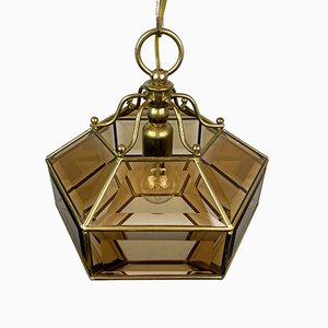 Vintage Diamond Hex Crystal Pendant Lamp in Golden Brass, Italy, 1960s