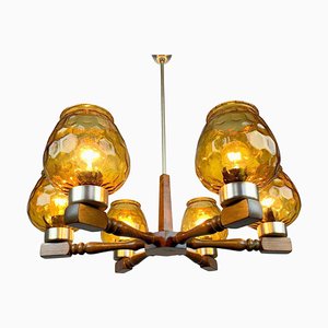 Mid-Century Wood and Glass Chandelier, 1970s