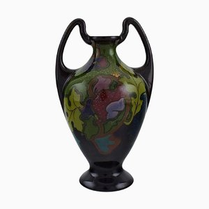 Vaso Art Nouveau antico con foglie e fiori dipinti a mano