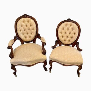 Antique Victorian Walnut Framed Ladies and Gentlemens Chairs, Set of 2