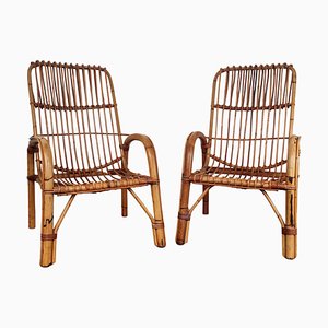 Set of Italian Bent Bamboo Rattan French Lounge Chairs by Franco Albini, 1960s