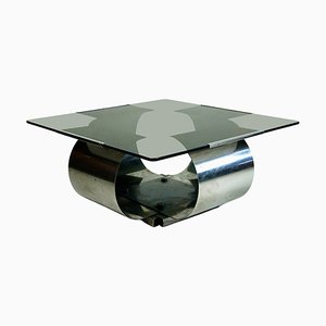 Square Glass and Steel Coffee Table by Francois Monnet, France, 1970s