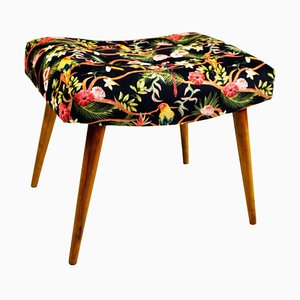 Tabouret Mid-Century en Velours avec Oiseaux et Fleurs Multicolores, Autriche