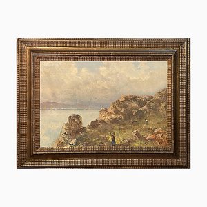 Dipinto antico, olio su tela, L. Gignous, vista dalla costa alta