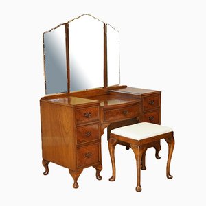 Vintage Burr Walnut Dressing Table & Stool with Trifold Mirrors, Set of 2