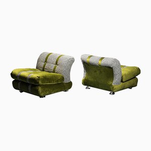 Vintage Sessel mit grünen Samtkissen, 1970er, 3er Set