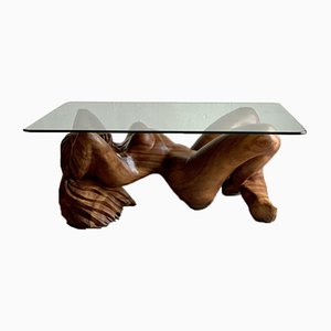 Vintage Hand-Carved Wooden Female Nude Sculpture Coffee Table