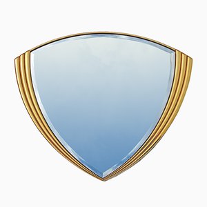 Espejo de pared vintage triangular de cristal y dorado, años 80