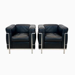LC2 Armchairs in Black Leather by Le Corbusier, Pierre Jeanneret & Charlotte Perriand for Cassina, Set of 2